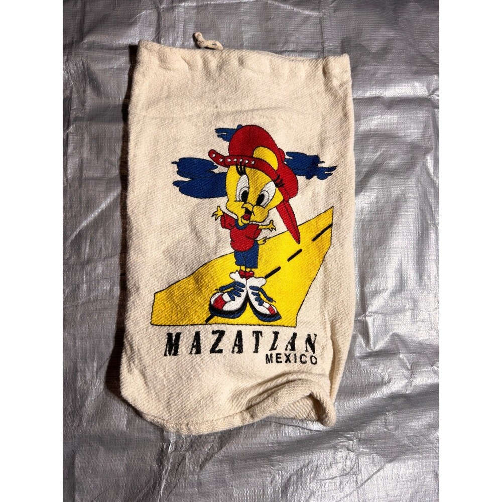 Vintage 90s Tweety Bird Mazatlan Mexico Canvas Cinch Backpack Looney Tunes